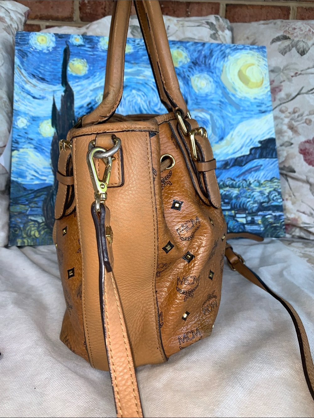 MCM Cognac Visetos Drawstring Bucket Crossbody bag with Authenticity card - Picture 4 of 13